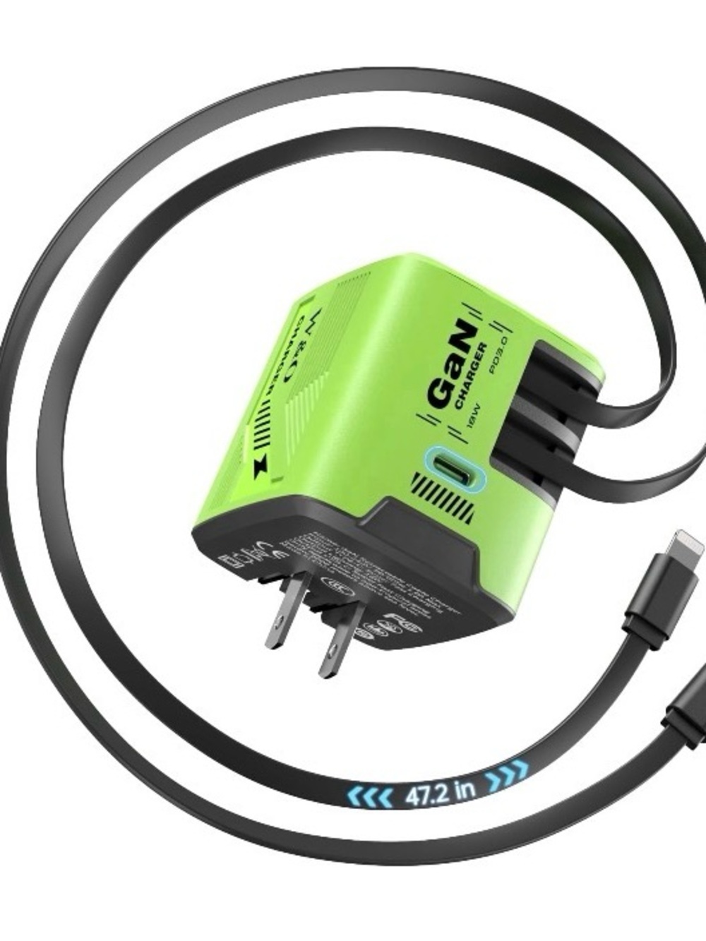 Green GaN Fast USB-C Wall Charger with Built-In Cable